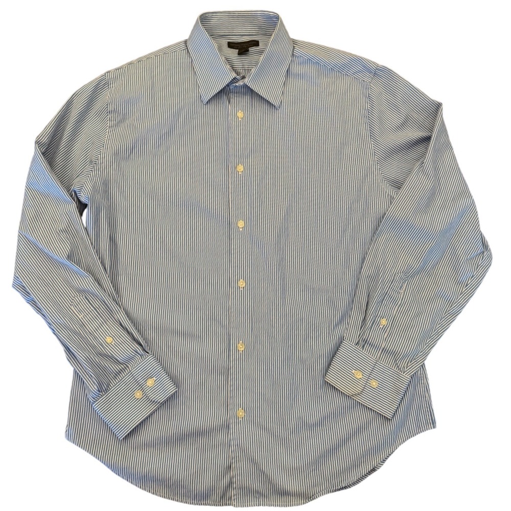 Express Design Studio Mens L 16-16.5 Blue White Striped 80s Two-Ply Cotton Shirt